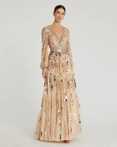 Beige Embellished Mesh Long Sleeve V Neck Gown